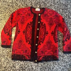 Vintage Irene Red & Black Paisley Italian Wool Blend Cardigan Sweater
